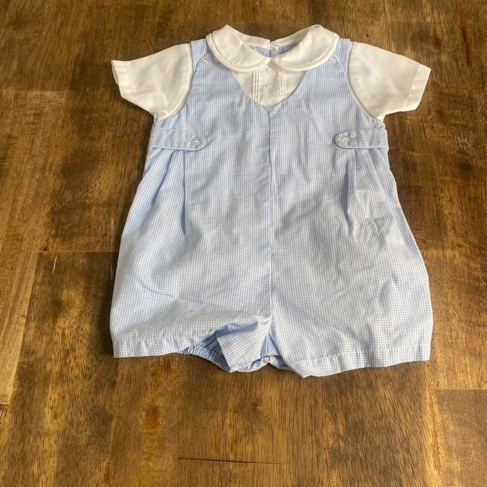 Petit Ami overall blue white checkered seersucker collar shorts onepiece SIZE 3M